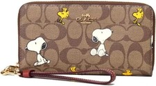 COACH x PEANUTS CE705 Long Zip around Wallet Snoopy Woodstock Khaki Signature