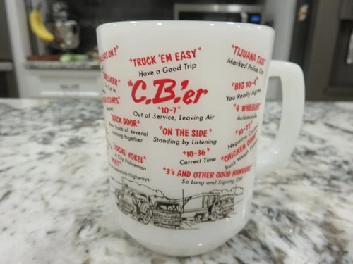 VTG Anchor Hocking Fire King Milk Glass CB'er Trucker Radio Lingo Coffee Mug 70s