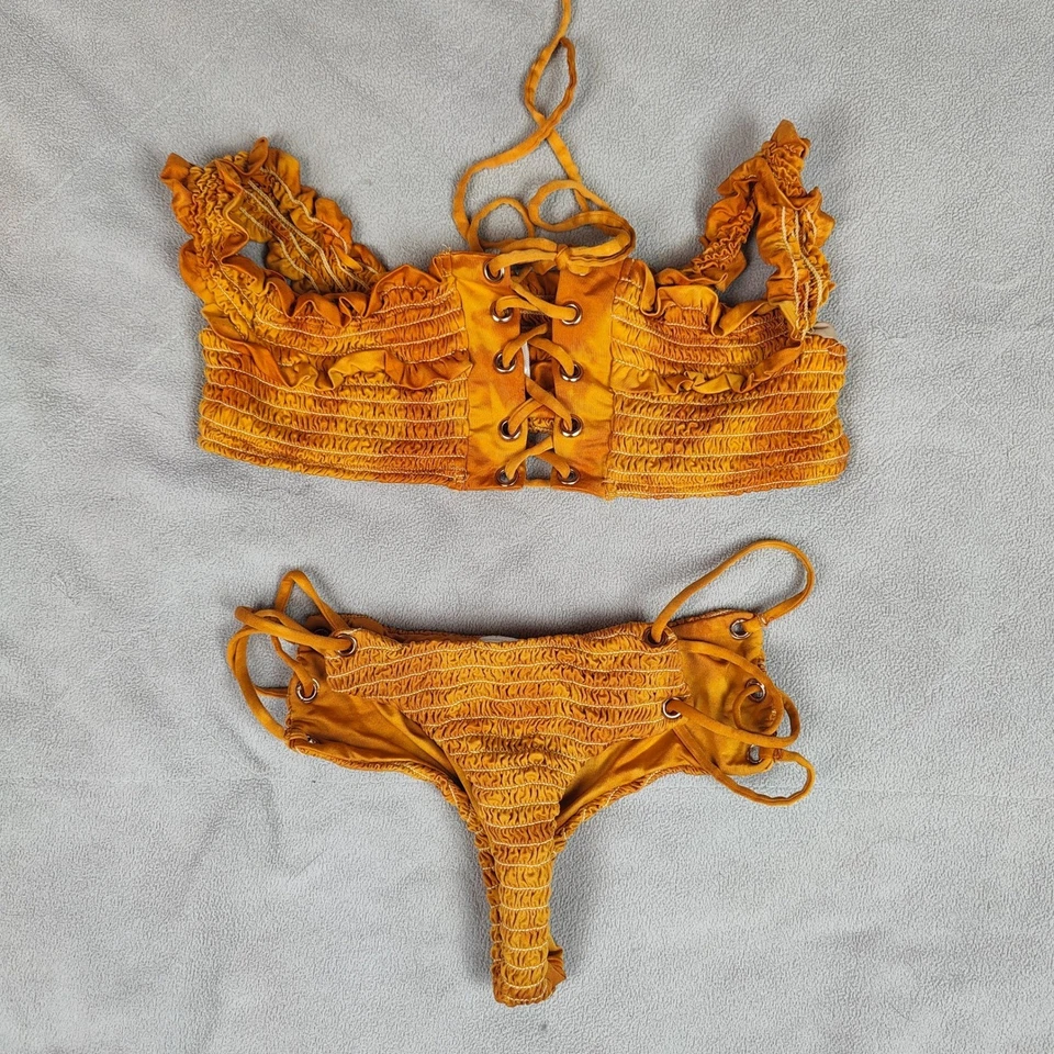 Blue Life Bikini Womens Small Scrunched Off the Shoulder Honey Yellow Tie Dye - Image 2 of 4