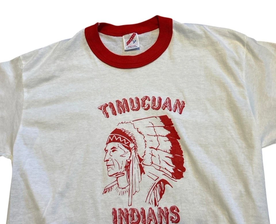 Vintage 90s Indian Head Ringer T-Shirt Size S Jerzees USA Made Timucuan Indians - Image 2 of 4