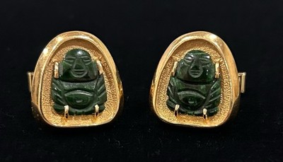 Vintage Soret 14K Yellow Gold Jade Buddha Gemstone Cufflinks - 16.8 Grams