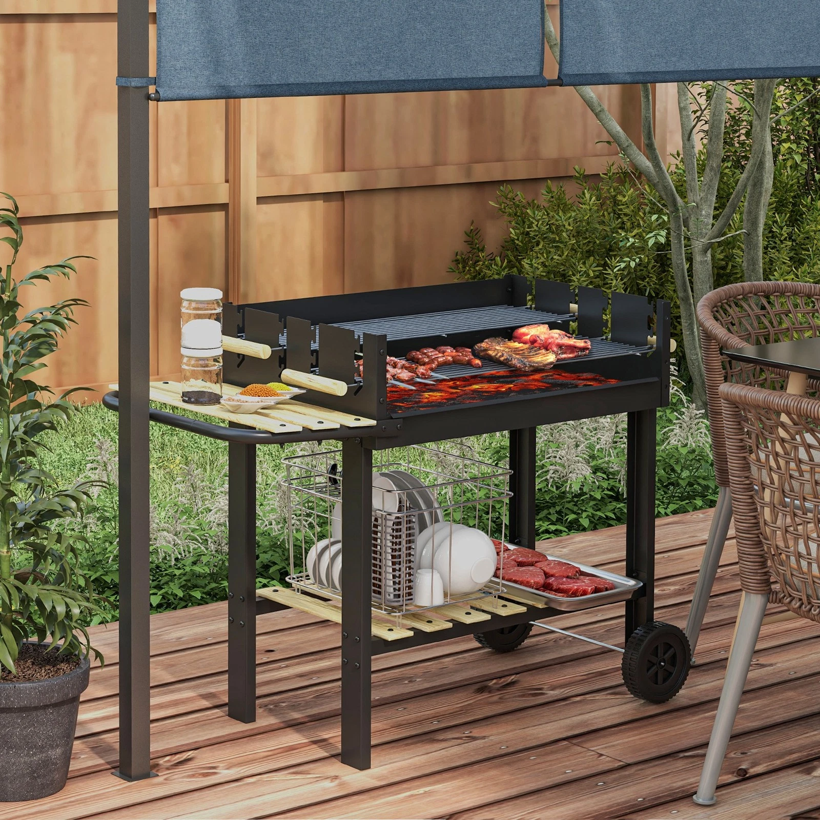 Charcoal BBQ Grill, Barbecue Trolley with Double Adjustable Grill, Black
