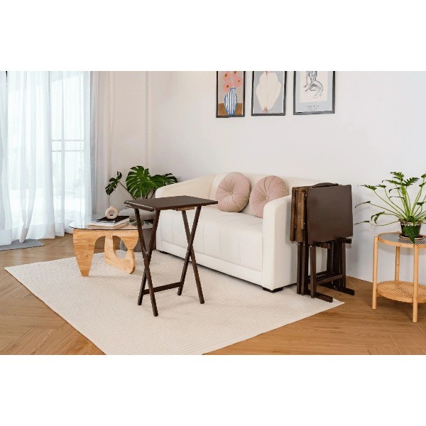 4-Piece Walnut Rubberwood Indoor Folding TV Tray Table Set with Storage Rack