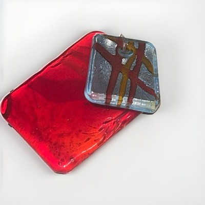 Abstract Glass Pendant Set - Red & Multi-Color Fused Art Jewelry Findings
