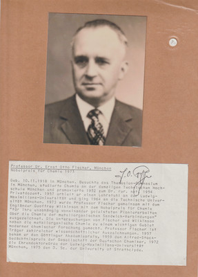 Nobelpreisträger Dr. Ernst Otto Fischer, orig sign Blatt mit Foto