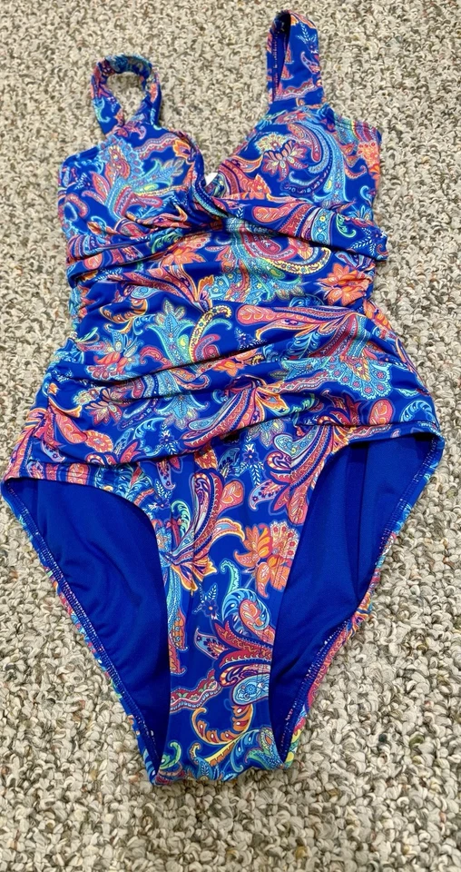Traje de baño Lauren Ralph Lauren para mujer 4 azul rosa torcido top acanalado 1 pieza cachemira Foto 2 de 4