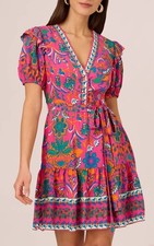 ADRIANNA BY ADRIANNA PAPELL Puff Sleeve Retro Printed Short Dress Sz 8