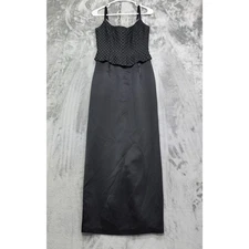 Vintage Gunne Sax Jessica McClintock Dress Womens 3/4 Black Rhinestones Satin