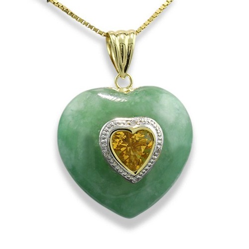 Colgante corazón verde jade citrino diamantes oro amarillo 585 valor 1400 € - Imagen 2 de 4
