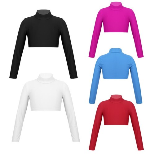Kids Girls Crop Top Casual T-Shirts Hip-hop Tops Yoga Dancewear Turtleneck Jazz - Picture 5 of 100