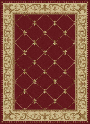 Red Flur De Lis Curls Persien Area Rug Bordered Waves Lines Oriental Carpet