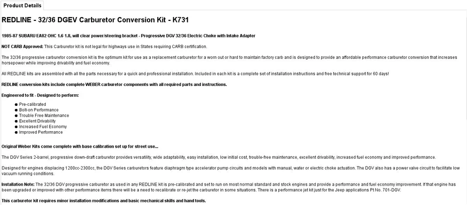 KIT CARBURADOR SUBBARU Brat 1985-1987 WEBER 1.6, 1.8 EA 82, OHC con Hitachi Foto 2 de 2