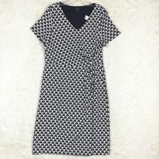 Talbots Womens Dress Midi Faux Wrap Short Sleeve V Neck Navy White Print L New
