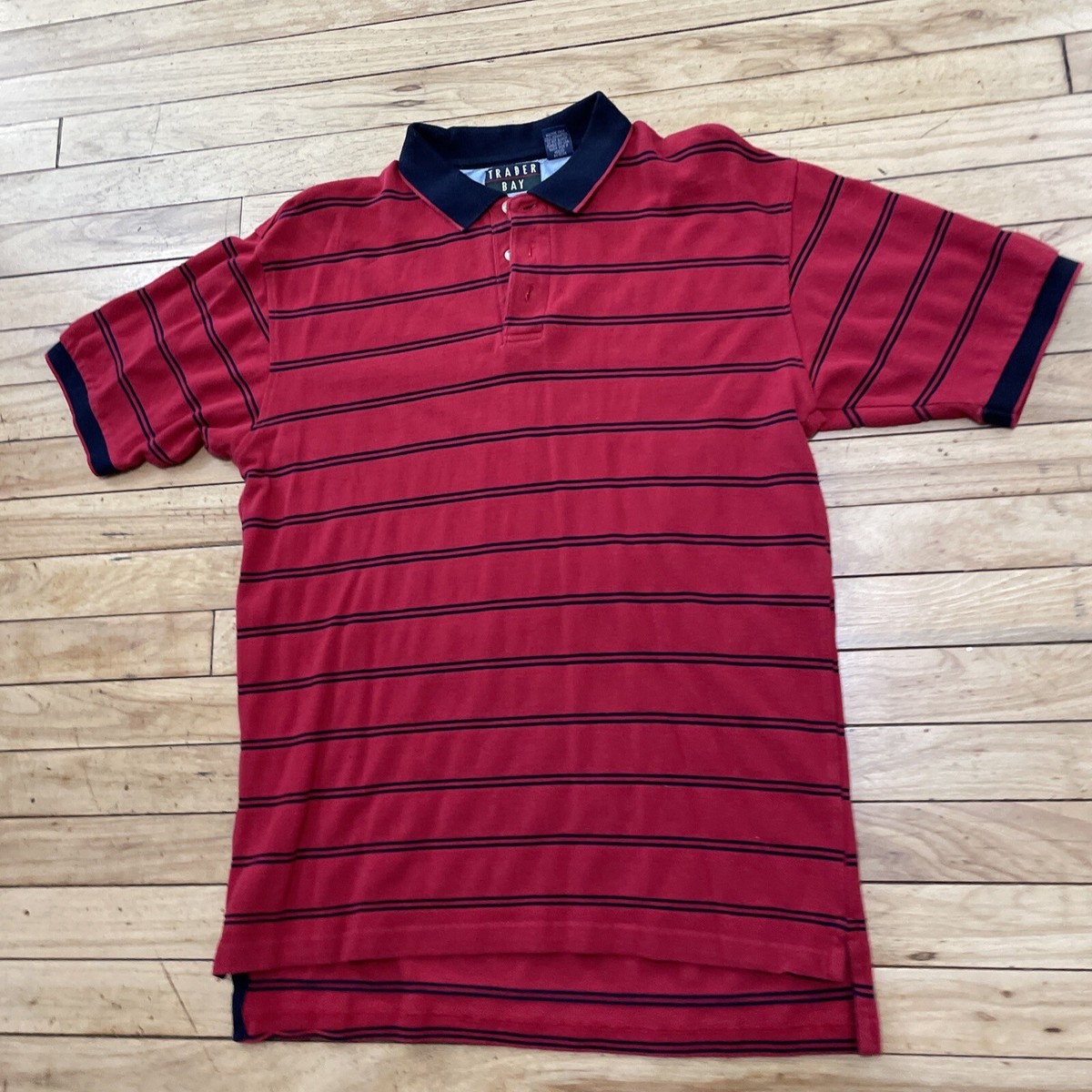 90s red × navy border rugger shirt Lands End Rugby Shirt, Medium Striped Polo, Colorblock, Red