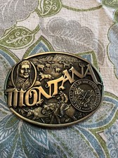 VTG Solid Brass Montana Belt Buckle Award Design Medals Patina