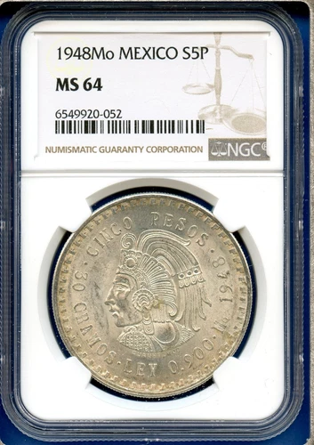 1948 Mo Mexico NGC MS64 Silver 5 Pesos S5P Cinco Pesos Cuauhtemoc Coin MS-64