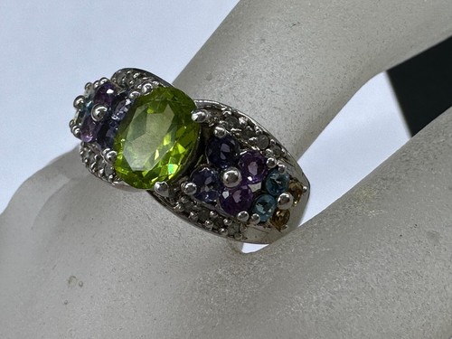 ESTATE STERLING SILVER 925 PASTE AQUA YELLOW BLUE GREEN TOPAZ RING SIZE 7 - 第 7/16 張圖片