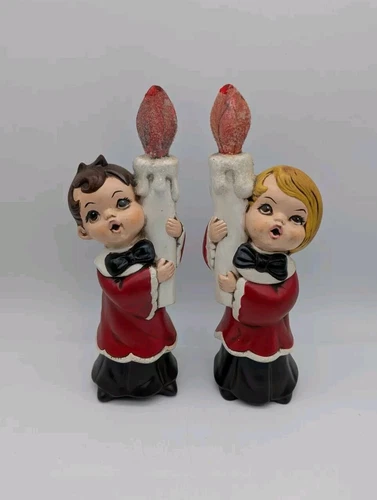 Vintage MCM Christmas Carol Figurines Holding Candles 10.75 In Tall