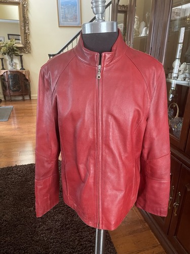 Women's Red Leather Motorcycle Biker Bomber Jacket 90s Y2K ZIP Wilsons Sz XL Vnt