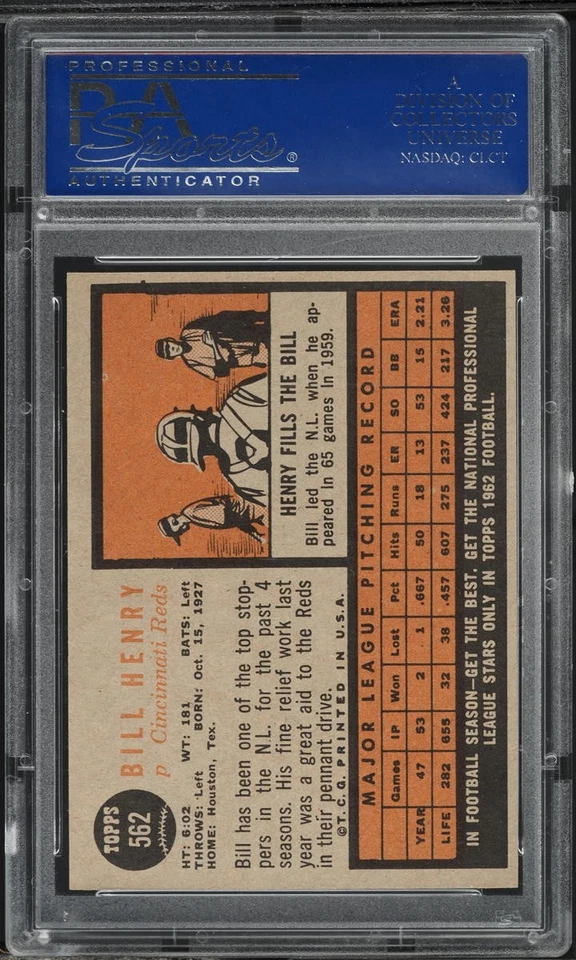1962 Topps BB Card #562 Bill Henry Cincinnati Reds PSA 8 NM-MT - Image 2 of 2