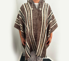 Hooded poncho with Inca design, fringed cape in beige and brown, unisex