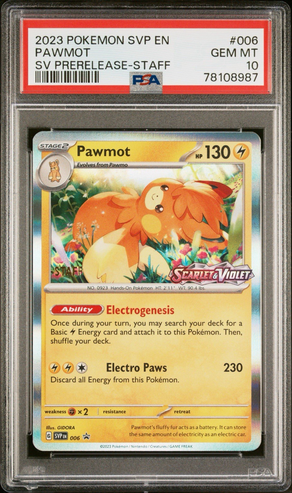 PSA Gem MINT 10 Pawmot Staff Prerelease Promo 006 Pokémon Scarlet Violet Pop 12