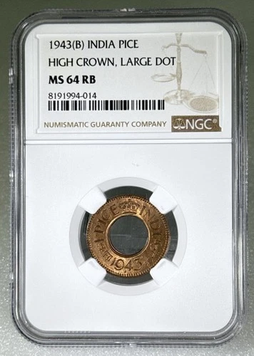 BRITISH INDIA 1943(B) PICE HIGH CROWN LARGE DOT NGC MS 64 RB 01