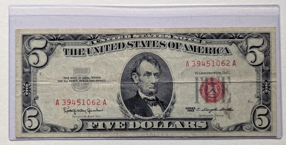US Two, Five Dollars Bills, 1963, $5 Bills, Red Seal, Light Bleed Through  - Image 3 of 4