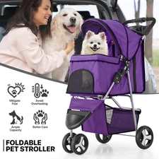 Purple Pet Dog Stroller Foldable Travel Carrier Portable Cat Cage w/Cup Holder