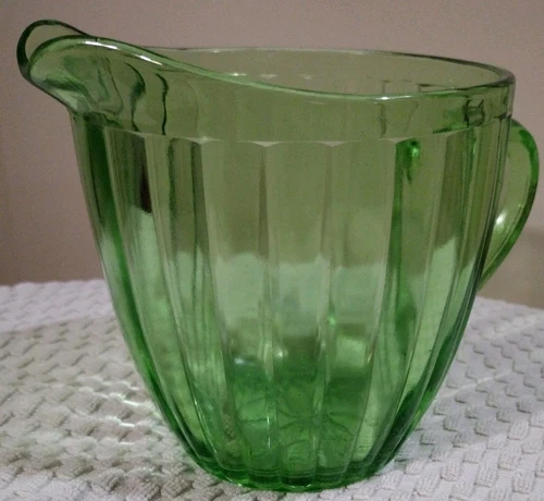 Vtg Jeanette Glass Green Vaseline Uranium Depression Glass Pitcher, Flower Base