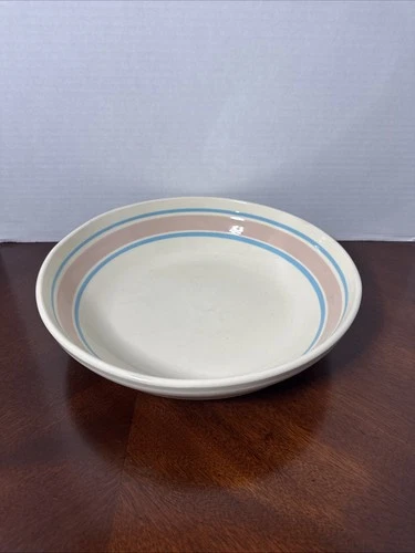 Vintage McCoy Large Shallow Pasta Bread Bowl Ovenproof Pink And Blue Stripe  12"