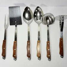 Vintage Stainless Steel Maxam Precision Wood Handle Serving Utensil Set USA MCM