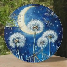 Vintage Nighttime Dandelion Dragonfly Metal Wall Art 8x8 Inch