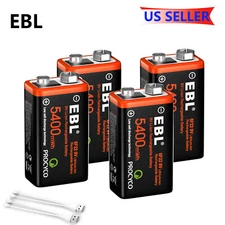 4Pcs Rechargeable Batteries 9V Block Li-ion Batteries，4 Count，EBL