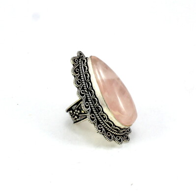 Antique Ring Natural Rose Quartz Gemstone Handmade Ethnic Gift US Size- 7.5
