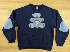 Vtg 90s Jerzees Teddy Bear Applique Sweatshirt L Navy Denim Elbow Patches