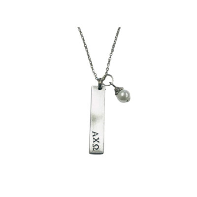 Alpha Chi Omega Bar Pendant with Pearl Dangle, Sorority Greek FREE SHIPPING