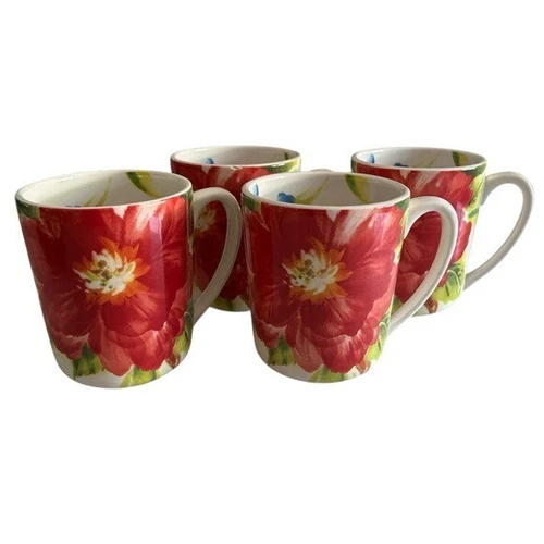 Pier 1 Ironstone Ceramic Amelia Floral Coffee Tea Mugs - Set of 4 Four