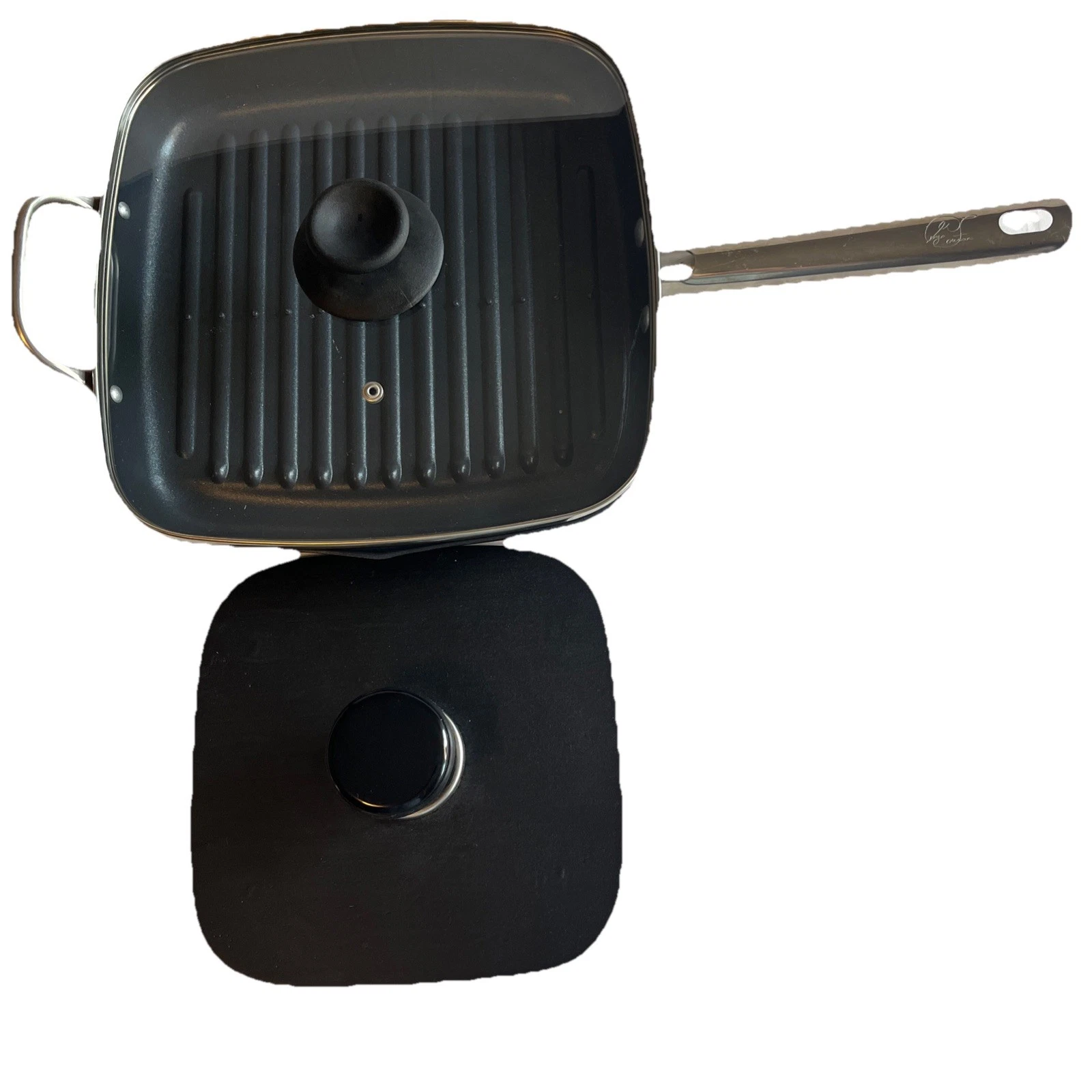 George Foreman Grill Skillet Pan With Grill Press Lid Anodized Steel Fat Away