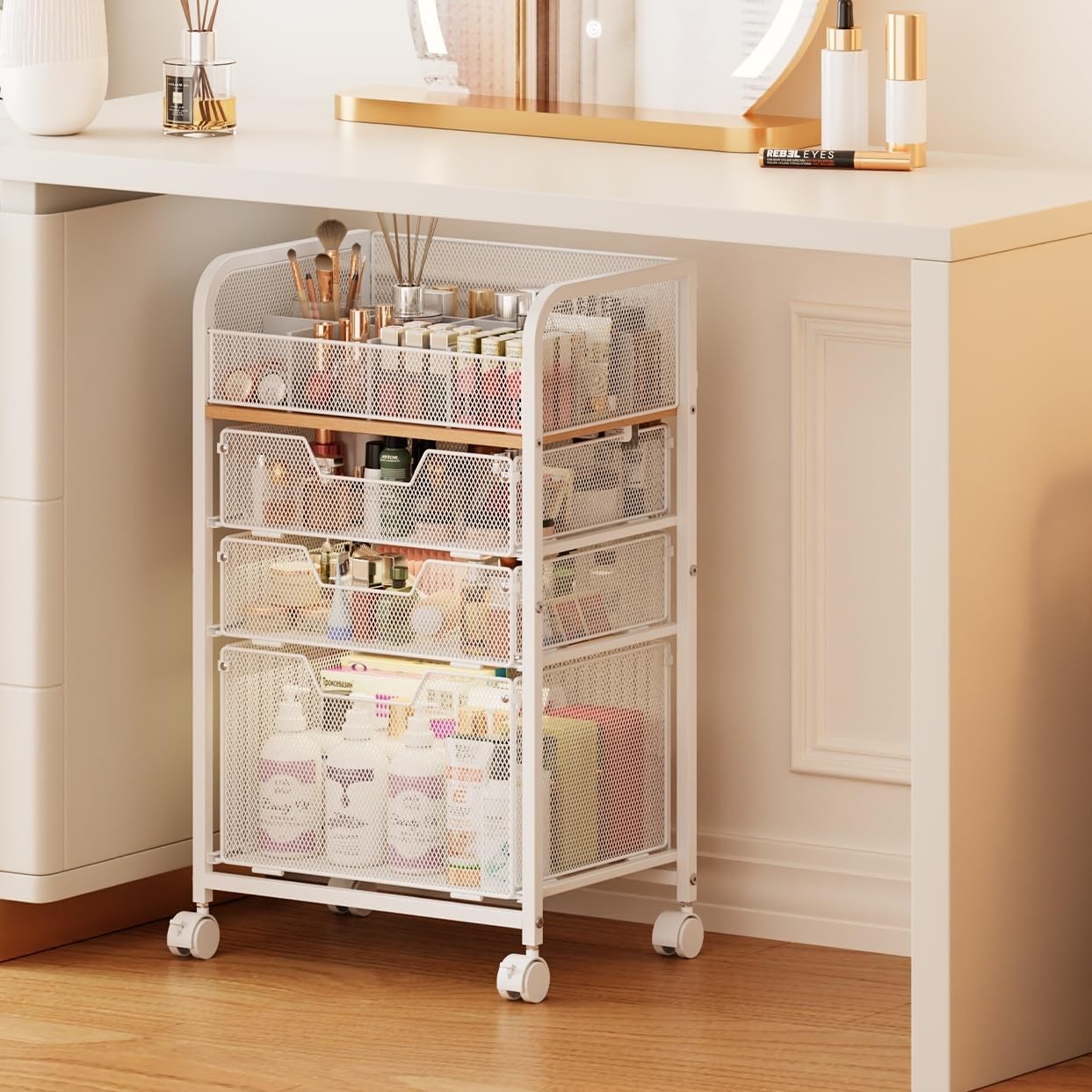 Makeup Cart Organizer with 3 Drawers,Floor Skincare Organizers with Dividers,...