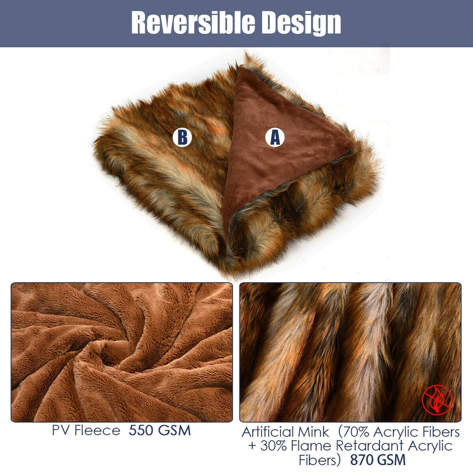 Luxury Faux Fur Throw Blanket w/ Reversible Design Couch Bed 84"x58" - Image 2 of 4