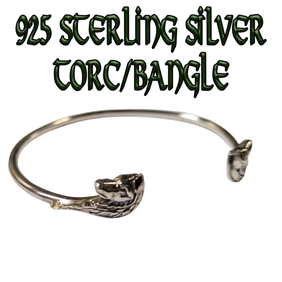Wolf 925 sterling silver bangle torc bracelet celtic dog