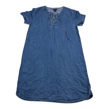 Gap Lace Up Shift Dress Blue Chambray Soft Denim Casual Relaxed Fit Pullover S