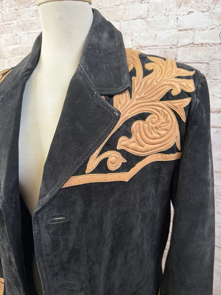Chaqueta bordada de gamuza negra vintage Cripple Creek Western Med Foto 2 de 4