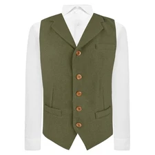 Luxury Sage Green Woven Wool Waistcoat with Lapel, Tweed