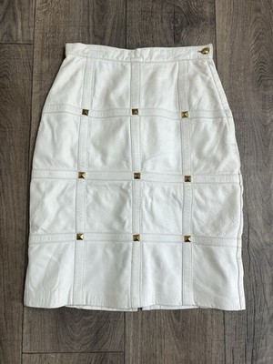 Vintage Margaret Godfrey White Leather Skirt W/ Gold Studs Size 4 Lined Side Zip