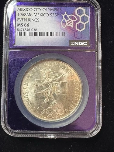 Mexico 1968 25 Pesos NGC MS 66 Olympic - Even Rings BEA Purple Holder