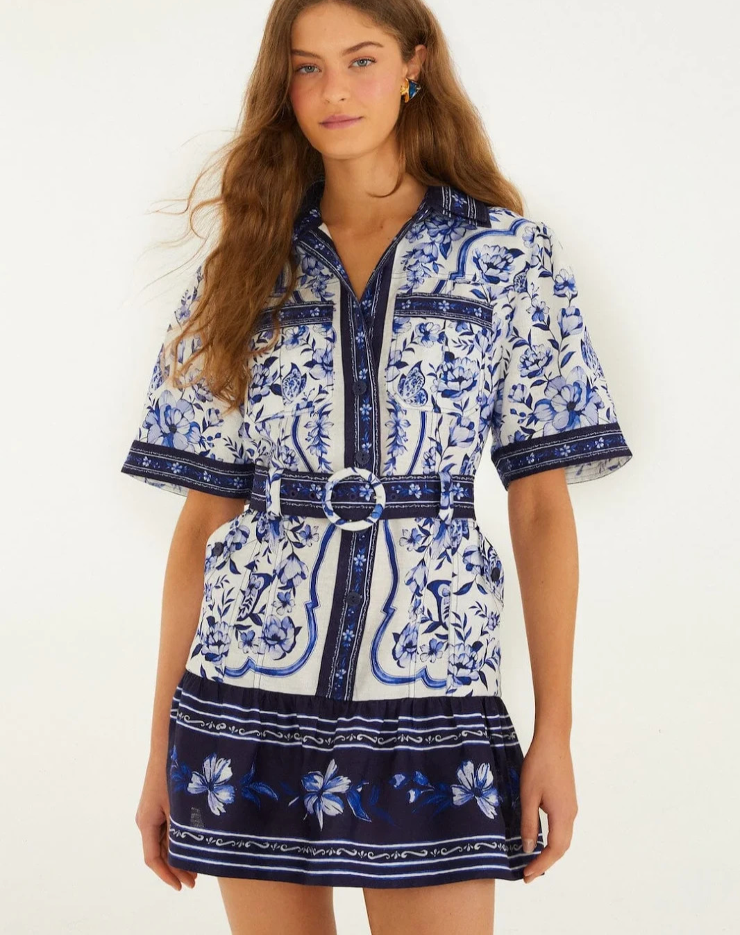 🌸 $270 FARM Rio Porcelain Garden Mini Dress Off White Blue Belted Sz Large NWT