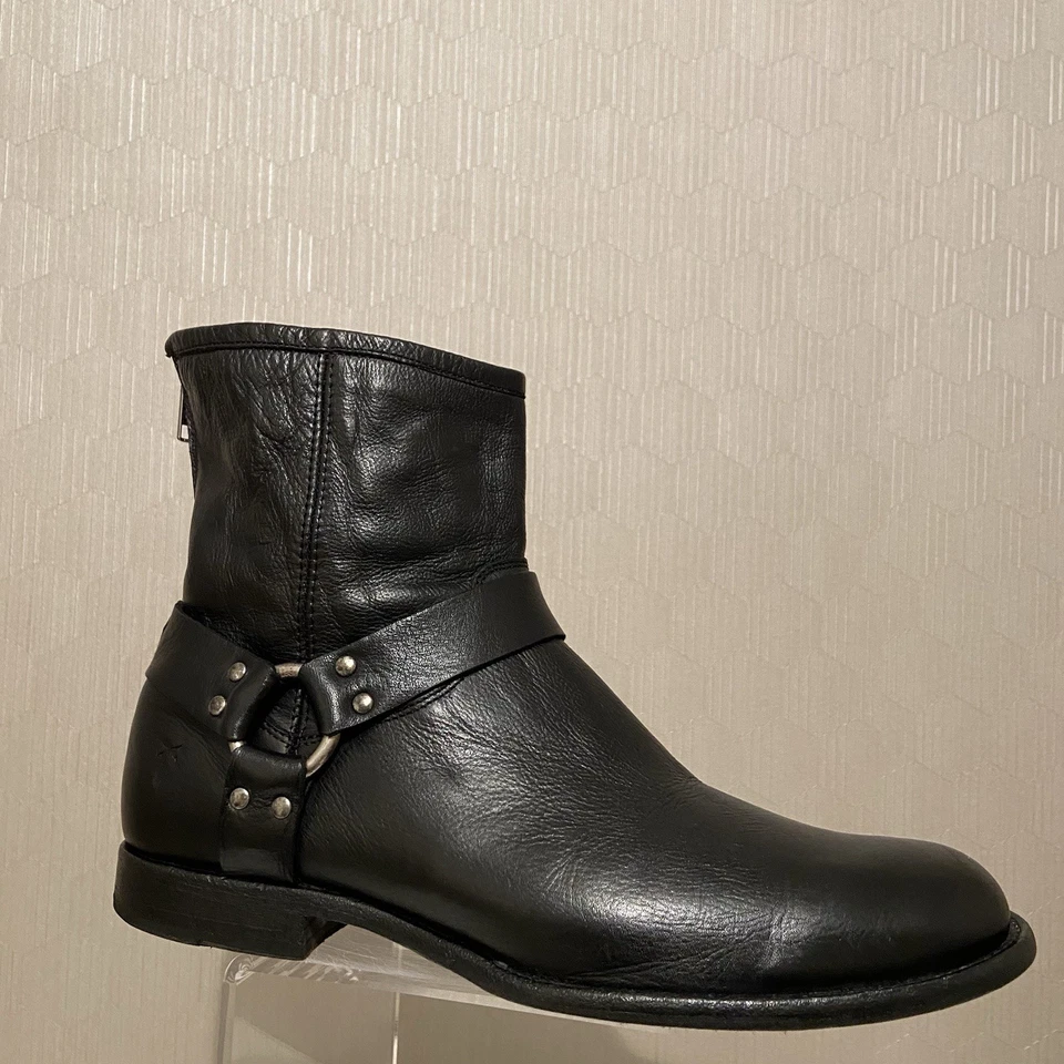 Talla 11- Botas Arnés Frye Phillip Cuero Negro Motociclista Tobillo Cremallera De Colección Hombres Foto 2 de 4