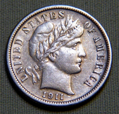 1911 D United States Silver Barber Dime - AU High Grade Details - Item 655